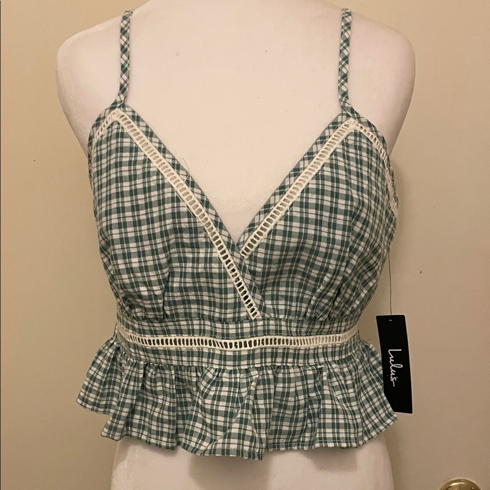 Lulu's Green and White Plaid Lace-Trim Peplum Camisole